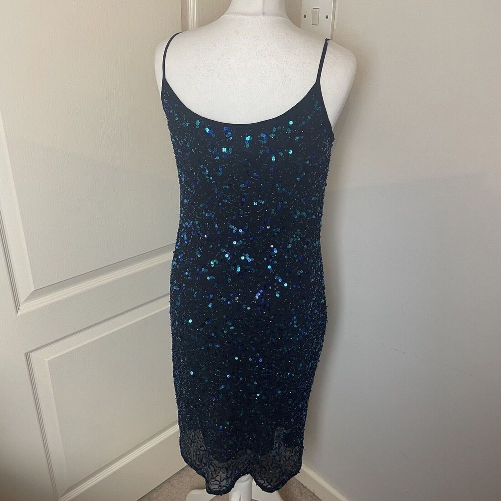 Y2K 00s George Size 12 Cowl Sequin Dress Green Black Festive Xmas - Picture 6 of 13